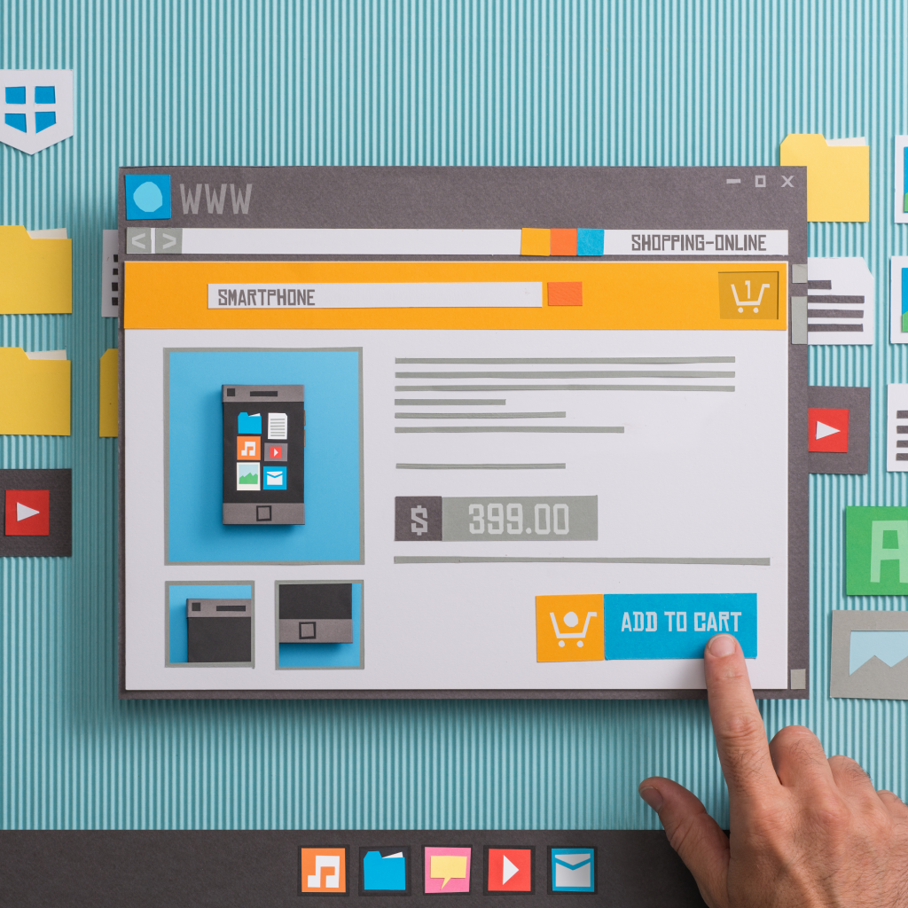 Illustration: Hand bedient Online-Shop im Browser