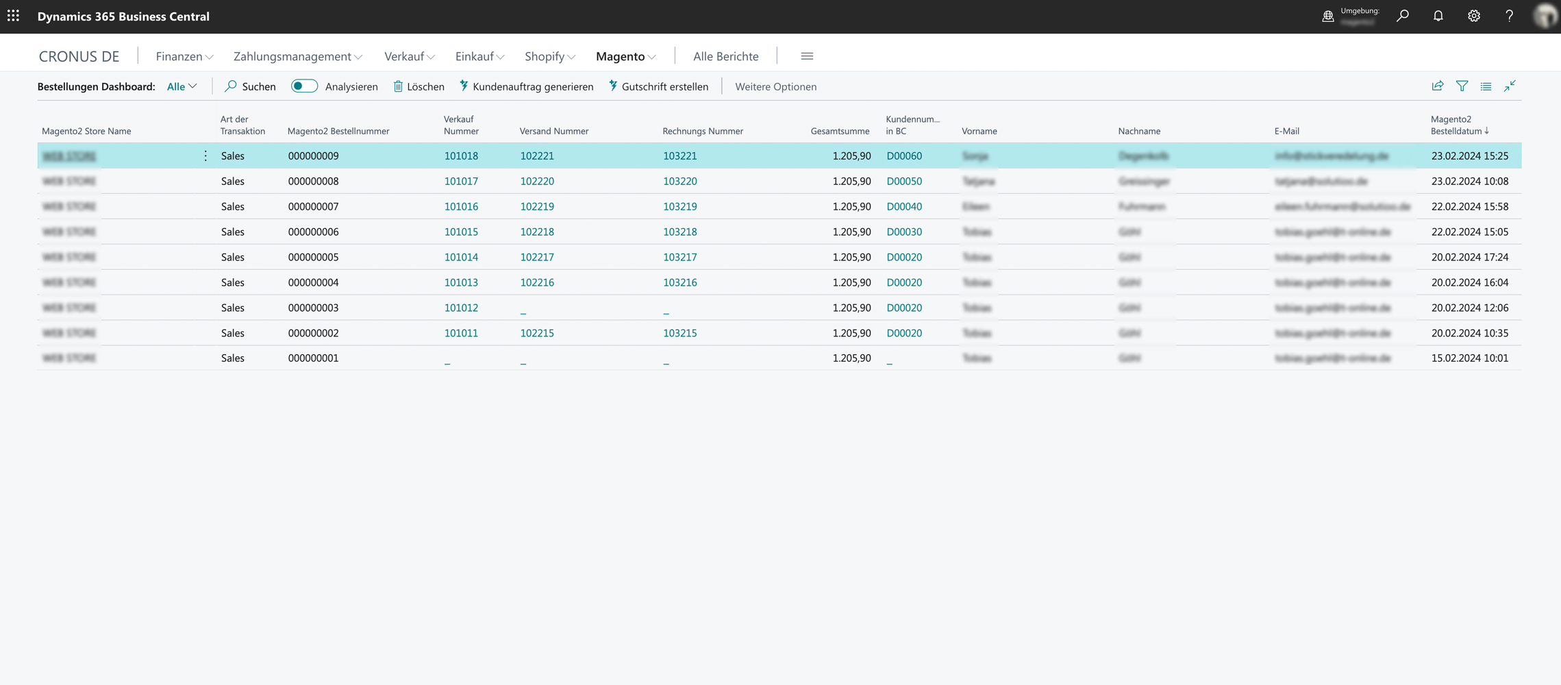 Screenshot einer Software-Tabelle