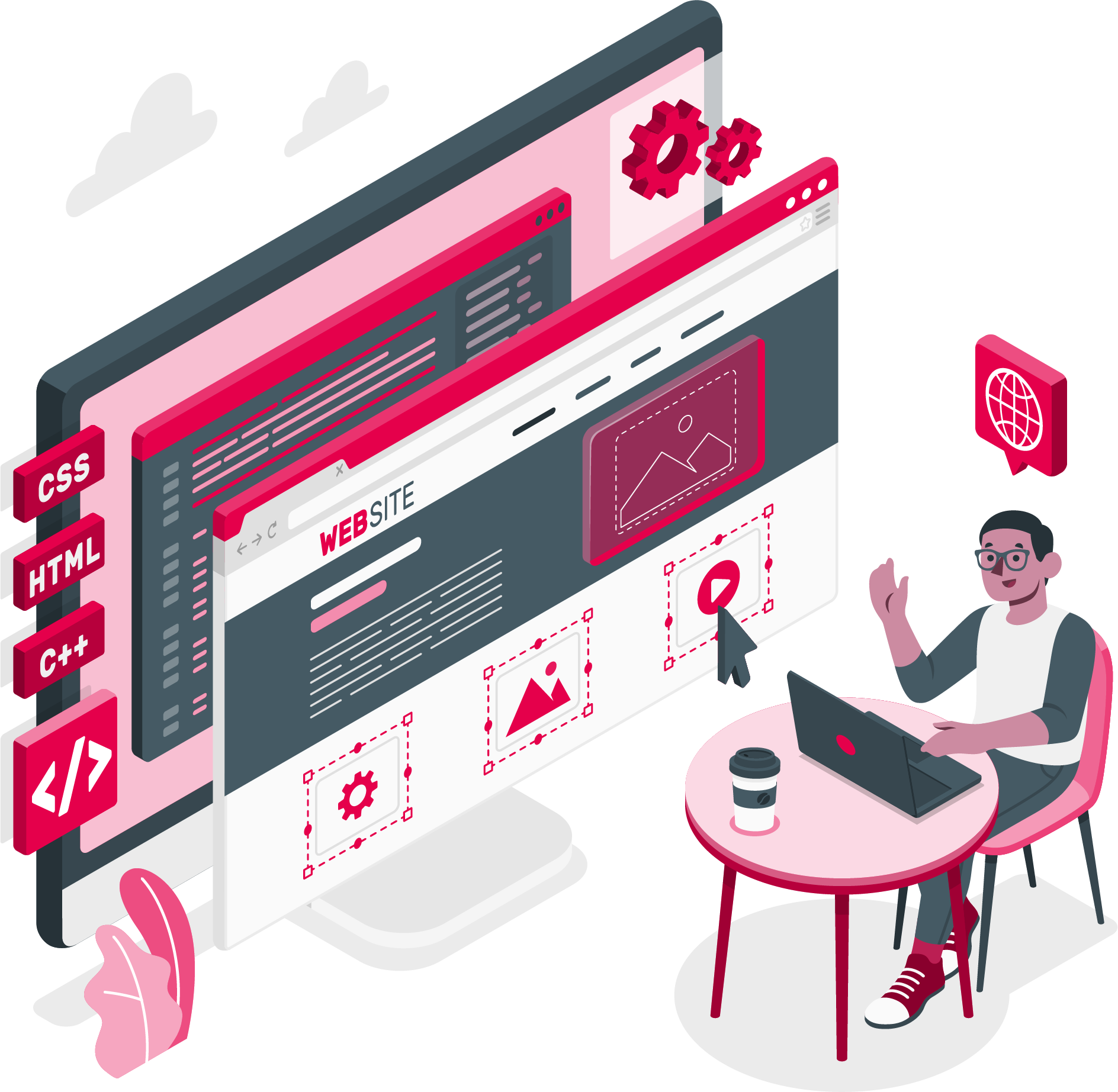 Illustration: Person am Schreibtisch mit Code und Zahnrädern