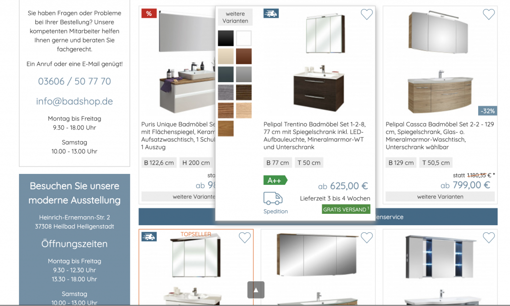 Screenshot einer Badshop.de-Produktliste
