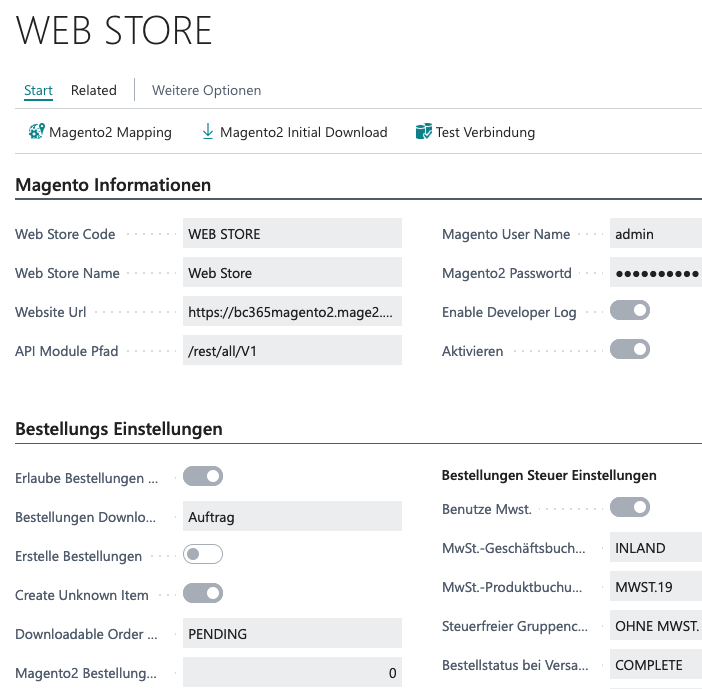 Screenshot der Magento-Webshop-Einstellungen
