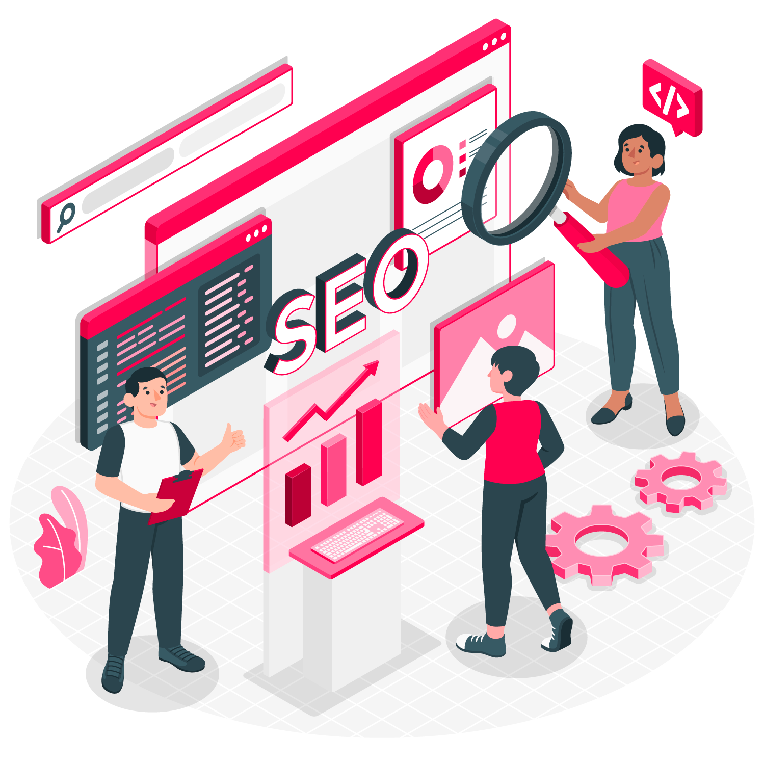 Illustration: SEO-Team mit Diagrammen