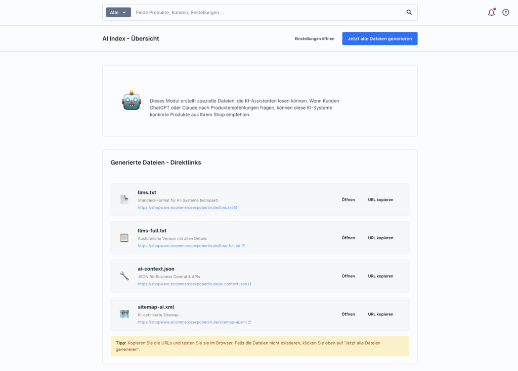 Shopware Admin: Auswahl der AI-Index-Dateien