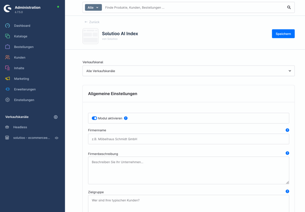 Shopware Admin: AI Index Plugin Übersicht