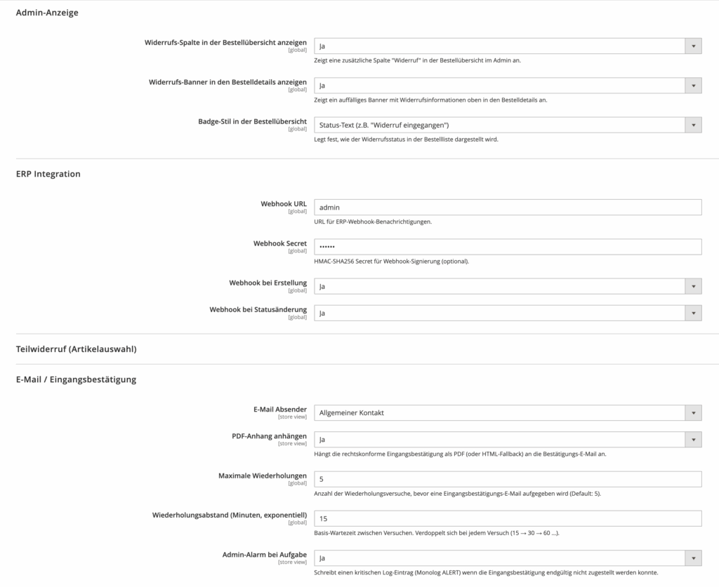 Magento-Admin: weitere Einstellungen