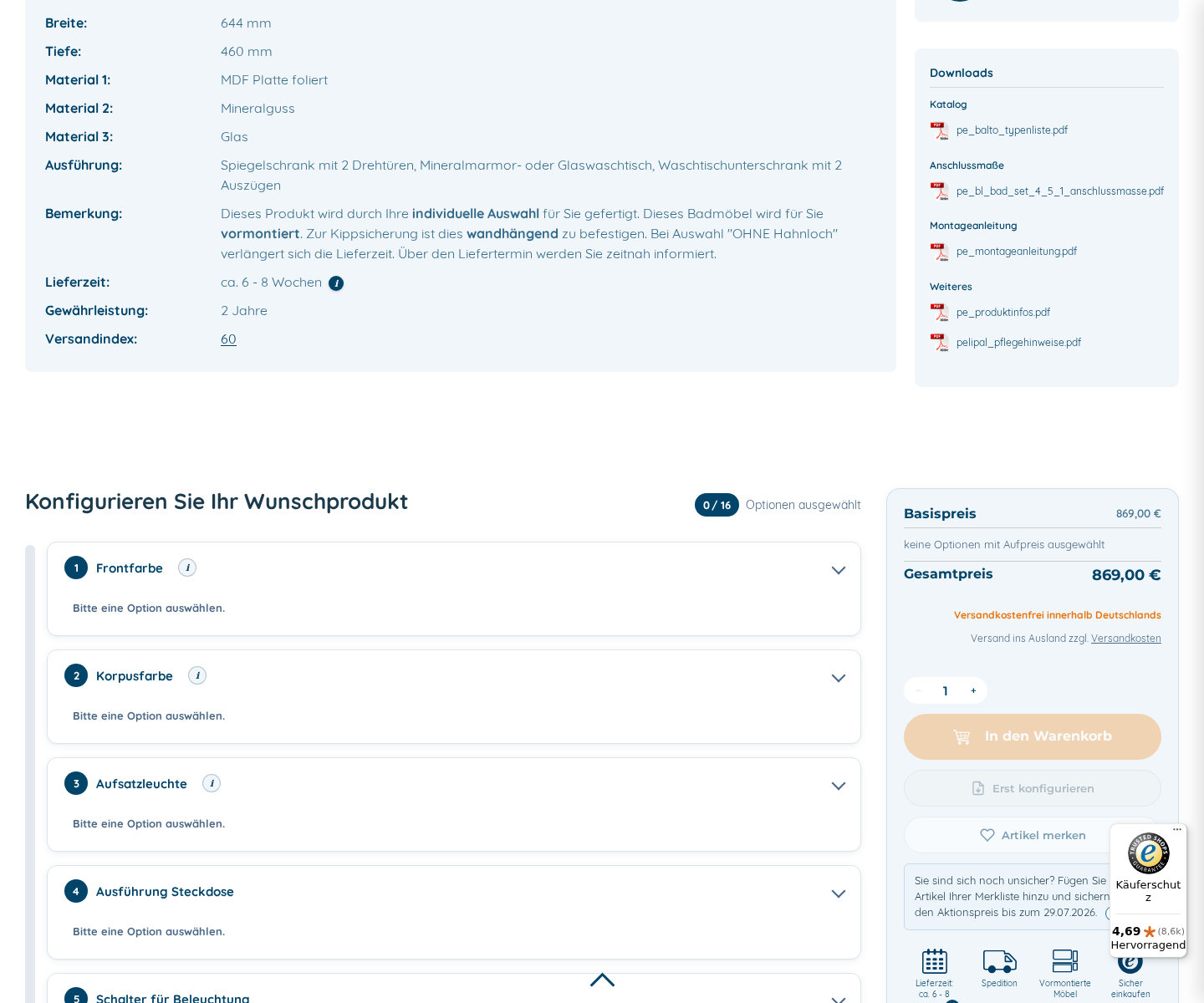 Produktkonfigurator mit mehreren Ausstattungsoptionen bei badshop.de