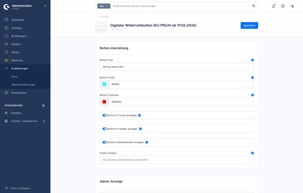 Shopware Admin: Button-Text, Farben und Platzierung für den digitalen Widerrufsbutton