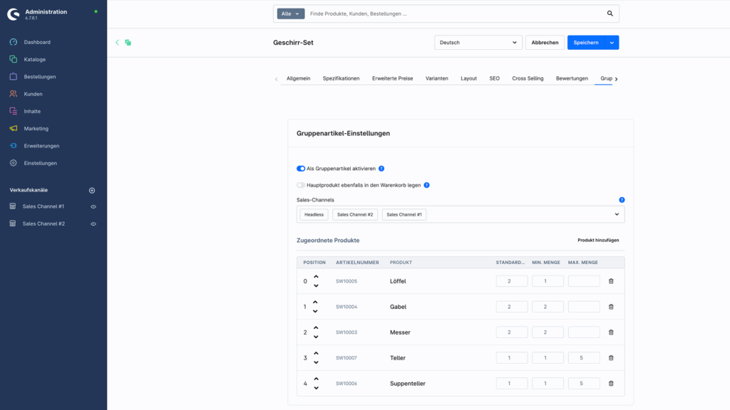 Shopware Admin: Produkte dem Gruppenartikel zuordnen