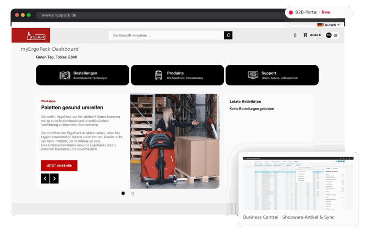 ErgoPack: B2B-Portal freigestellt – Browser-Mockup mit Business Central