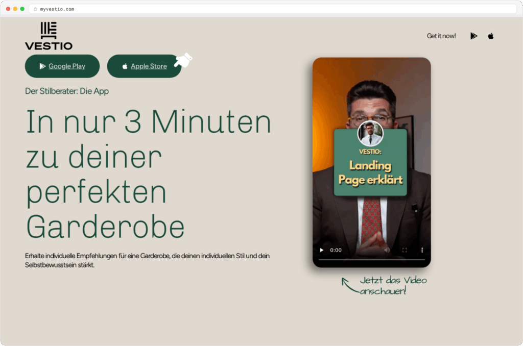 MyVestio website – browser mockup with hero